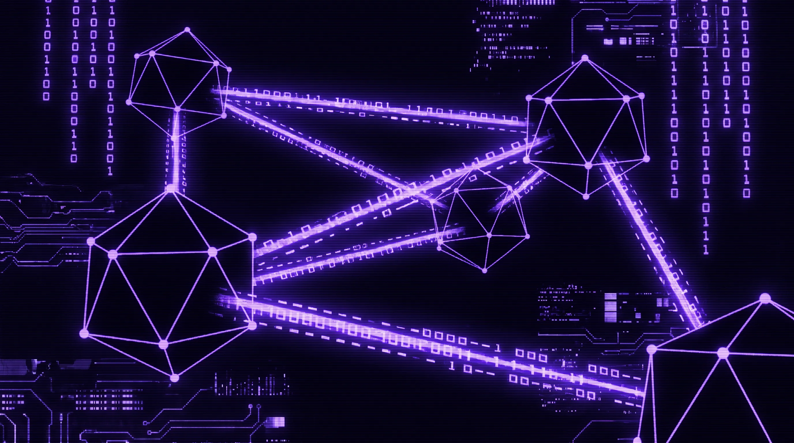 Red de agentes AI interconectados en wireframe ultravioleta