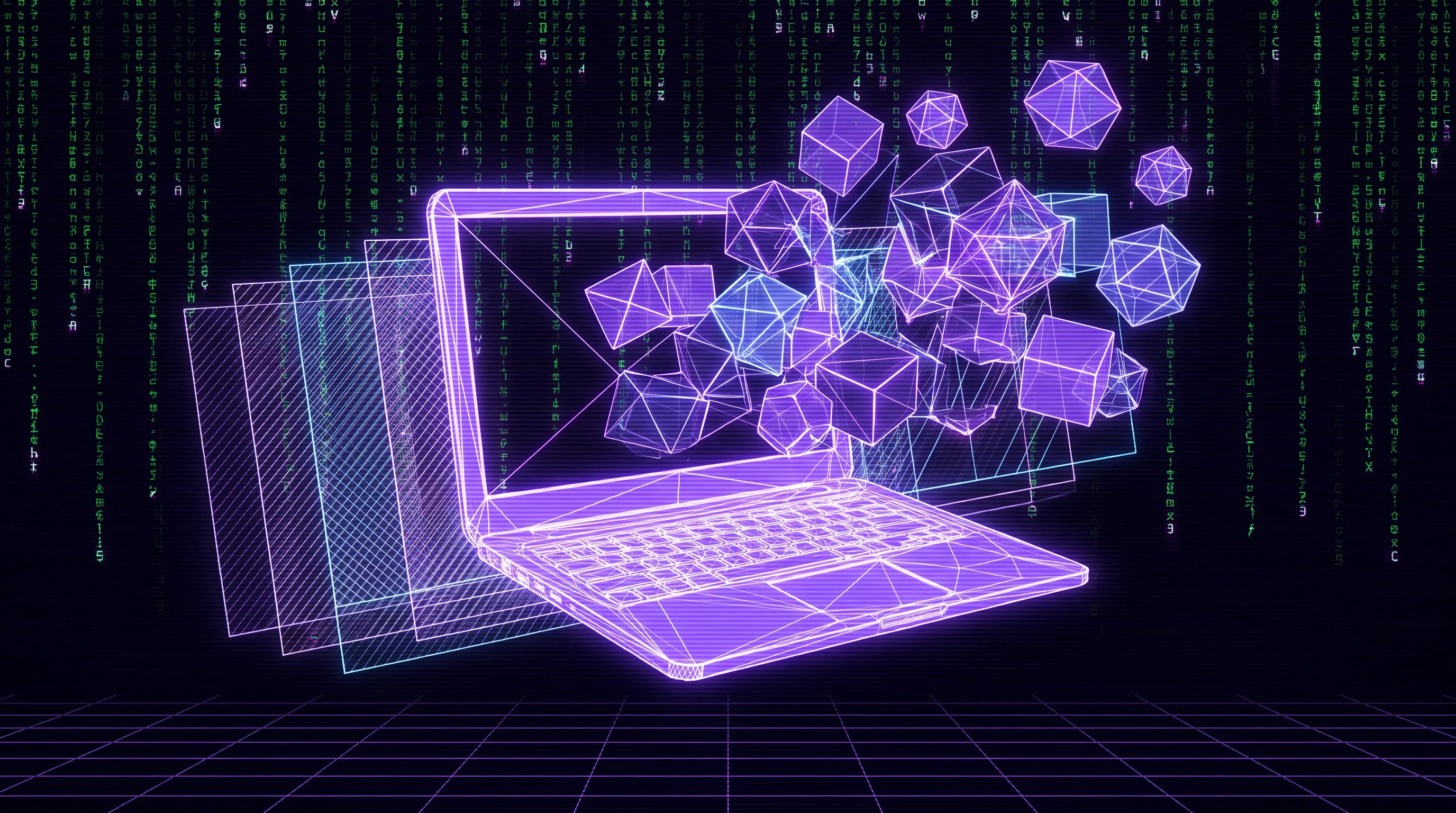 Laptop wireframe con matrices tensoriales explotando desde la pantalla