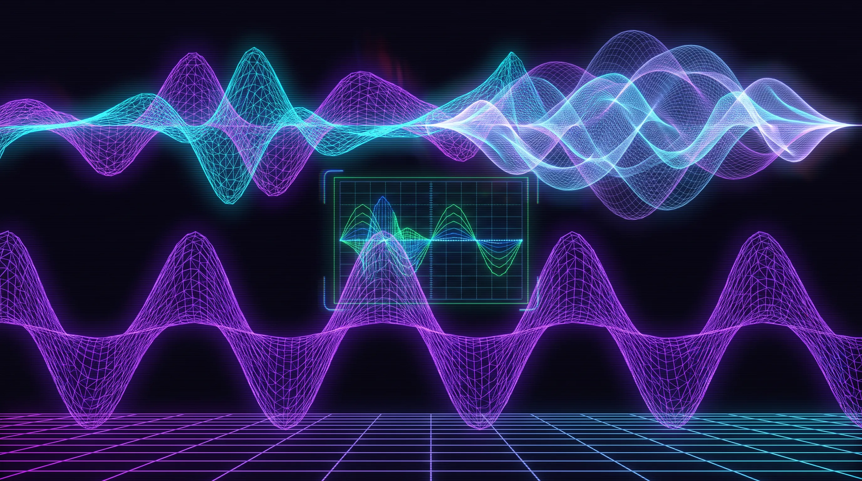 Ondas sonoras wireframe fusionándose con funciones de onda cuánticas
